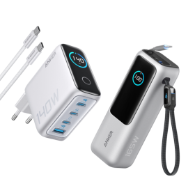 Anker Powerbank (25K, 165W, Integriertes + einziehbares Kabel) + Anker Ladeger?t (140W, 4-Port, PD 3.1) mit USB-C Kabel